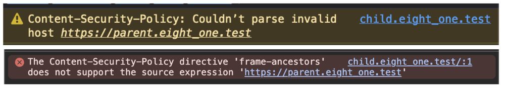 The first image is the Firefox error message clearly stating that the host of the test domain is invalid as hostnames can't contain an underscore. While Chrome gives a vague error message.