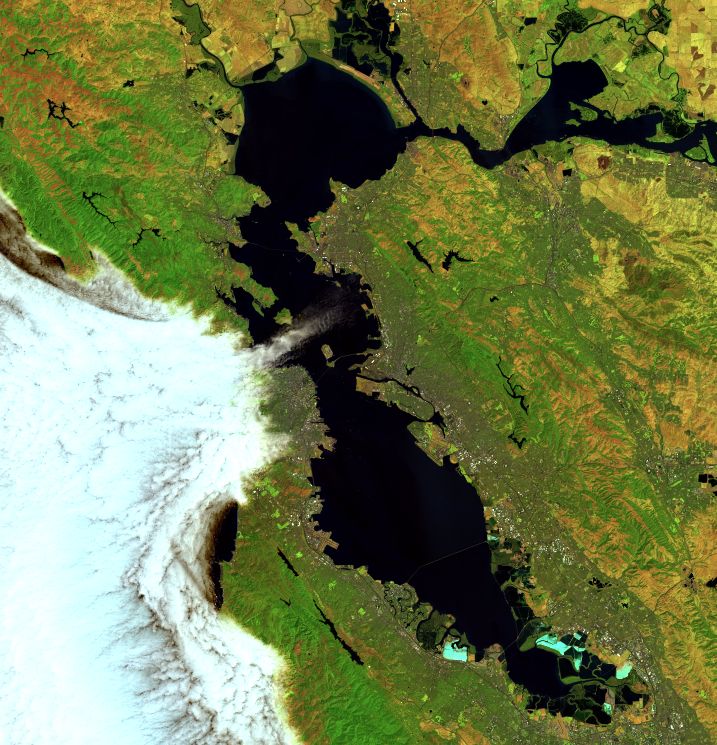 Part of a Landsat satellite image showing fog entering San Francisco Bay Area