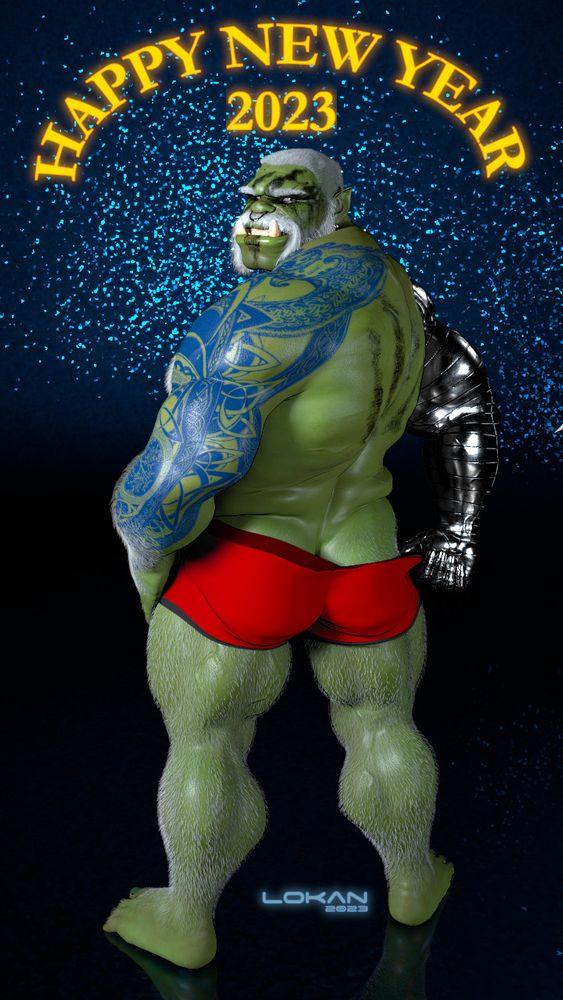 Bara daddy orc looking seductively over his shoulder while pulling down his red shorts for New Years 2023