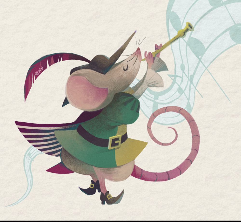 Cute digital drawing of a mouse dress as the pied piper of Hamelin