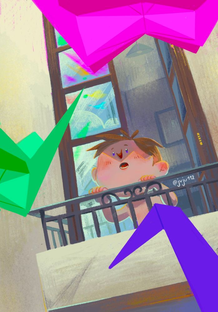 An illustration of a kid on a balcony looking at giant paper cranes flying by