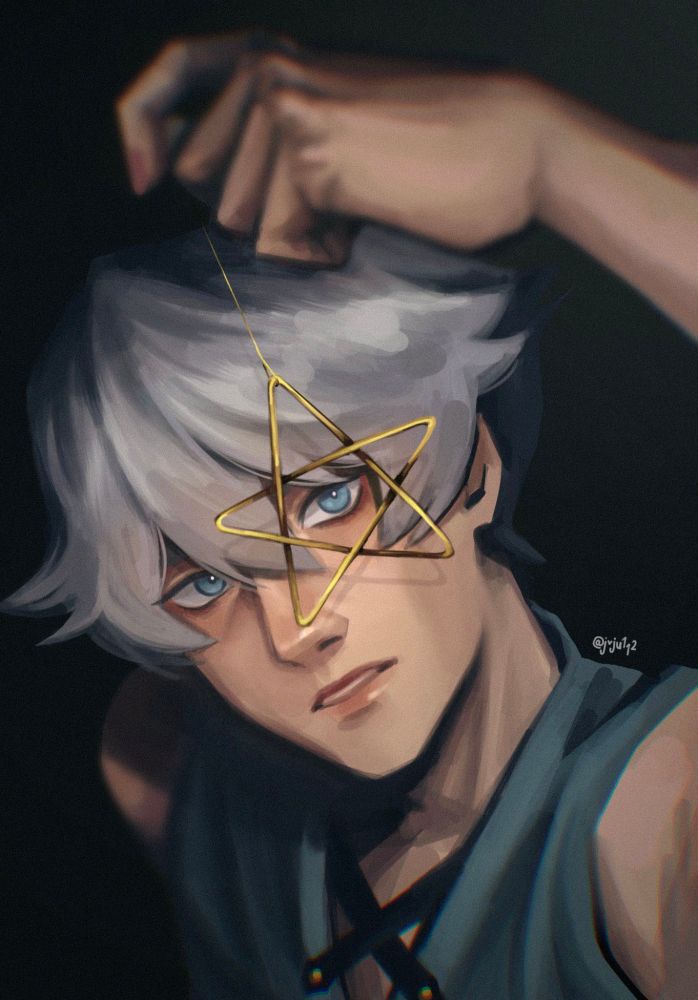 Digital drawing of my original character looking through a metal star with dark flash like lighting