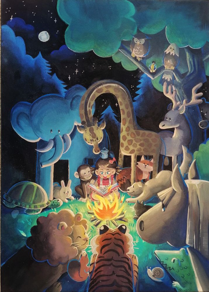 Painting of animals around a camp fire at night listening to a little girl reading a book