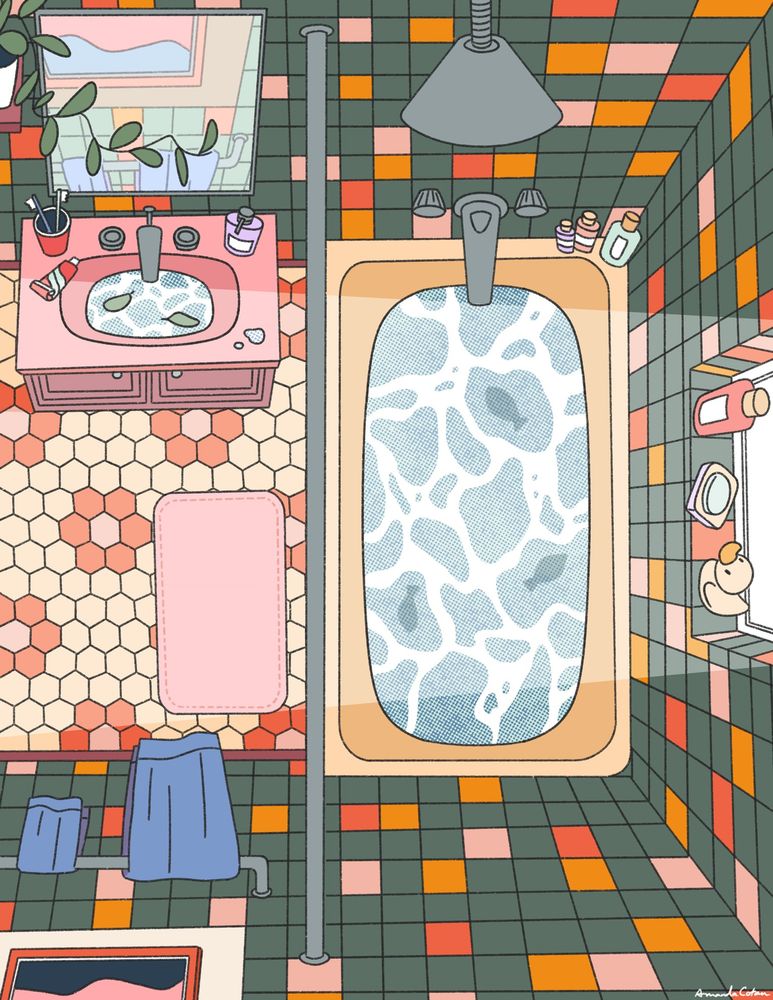 A skewed bird's eye view of a bathroom with light filtering in through the window to the right.