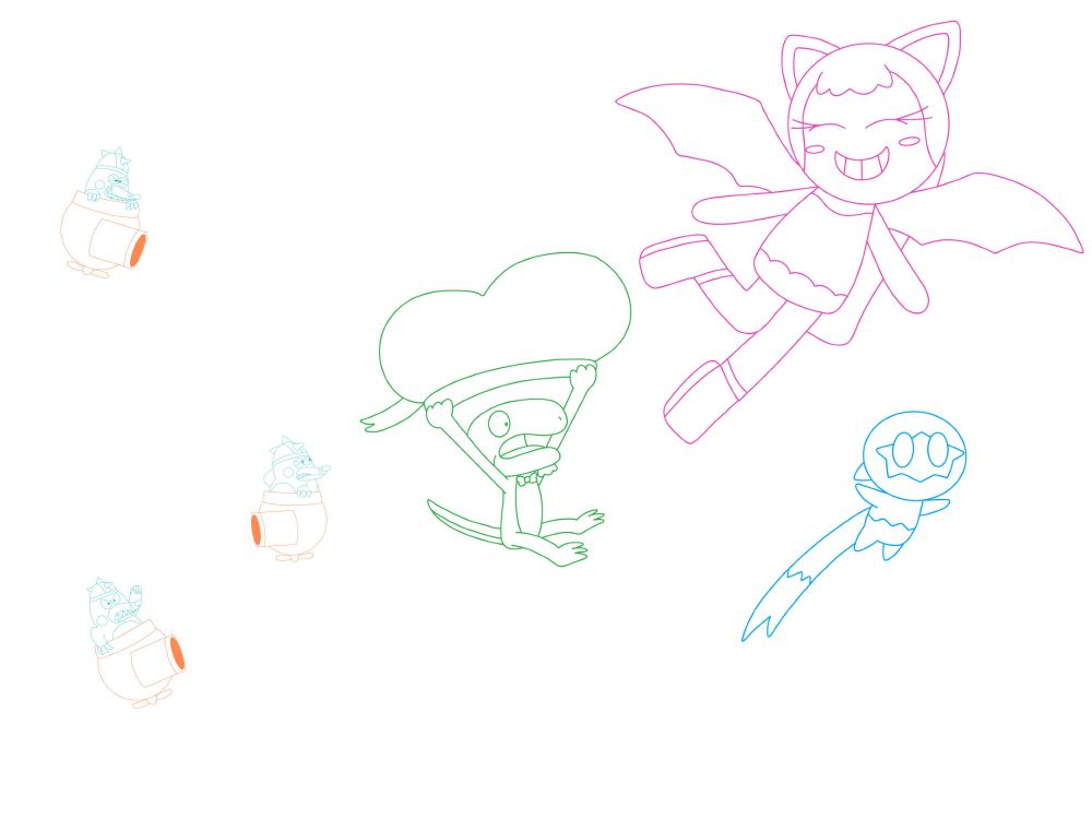 A lizard man, a bat girl and a comet child flying in Fleet Glide Galaxy with three Undergrunt Gunners behind them.