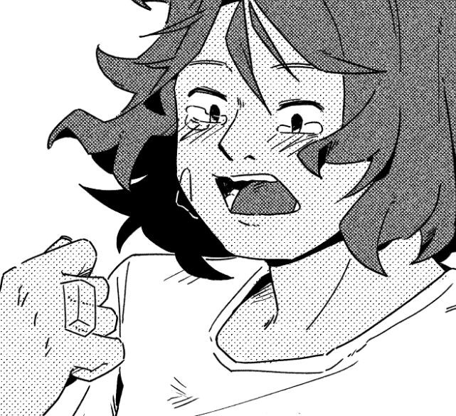 Black and white screentoned drawing of a person looking surprised