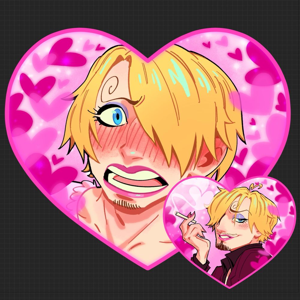 Candy-Chan in a heart shape design, pre timeskip is his blushing Candy awakening, post timeskip is a very confident looking Candy in his red suit without the black gloves to show off his pretty pink nails 💅 