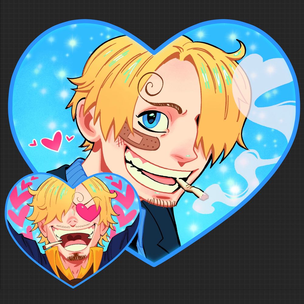 Sanji in a heart shape design, pre timeskip heart has him with his “do you know about all blue?” smile, post timeskip heart is your typical simp Sanji (he’s still cute tho)