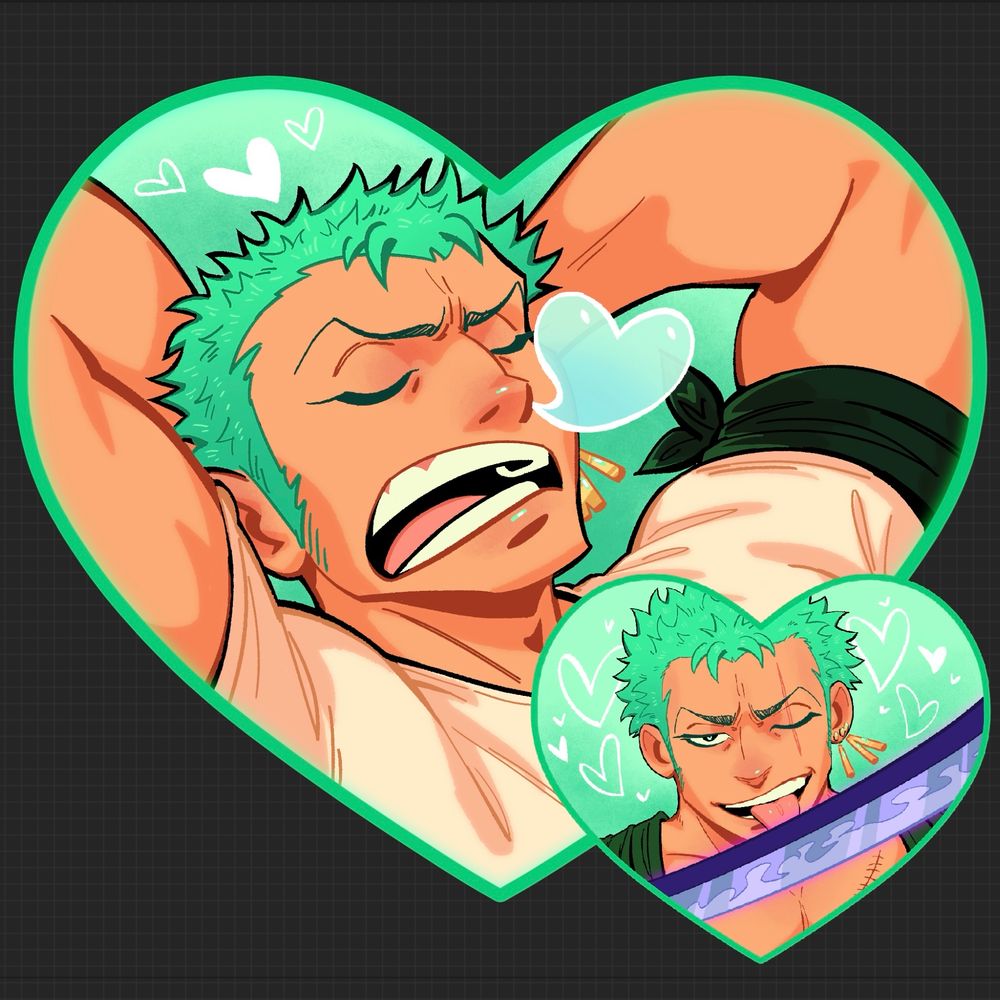 Zoro in a heart shape design, shows him napping in pre timeskip then licking Enma in the post timeskip heart