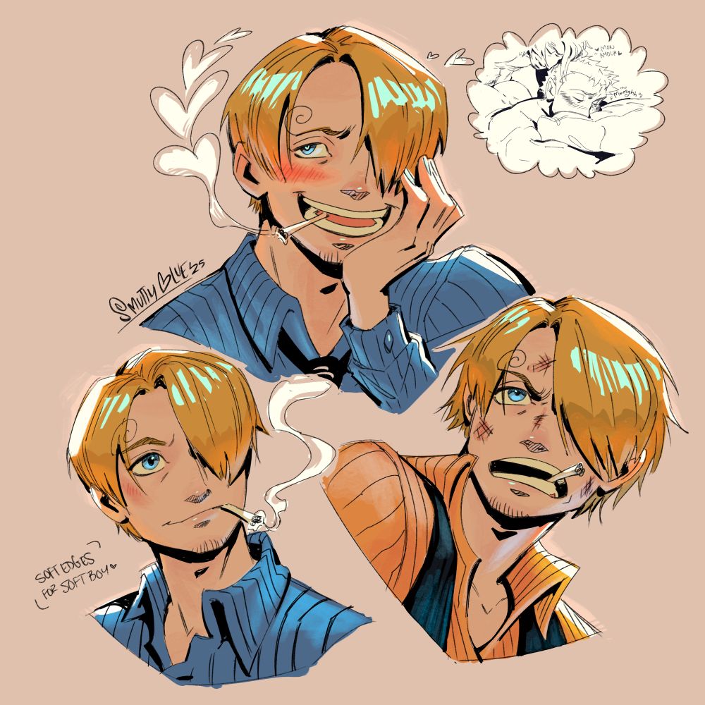 3 redraw expressions of pretimeskip Sanji, top has blushing Sanji in his blue striped shirt thinking about topping a certain marimo; bottom left he’s more neutral/content, was initial paint study, a small note to his left says “soft edges for soft boy”; to the right he looks roughed up and pissed, looks like it’s after/during his fight on the sea train