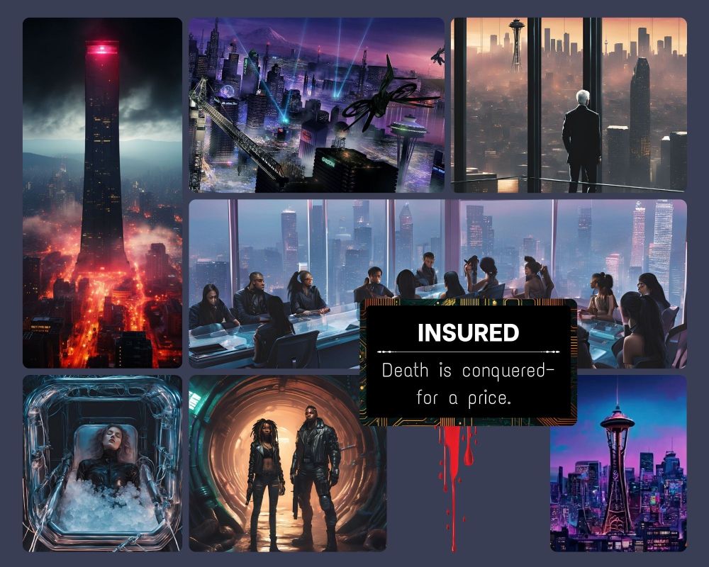 Top Right: Insurance Tower, dark and dominating over the rest of Nexus, red light from the streets below illuminating it like fire.
Middle Top: A skyline shot of Nexus where you can see the towering Cyberpunk style mega structures and The Needle, left over from old Seattle. HUVs are flying through the sky with mount Rainer in the background.
Top Right: Richard in Brian Lord's office in New Life Towers staring out at Nexus, The Needle in the background
Middle Image: A wide image of The Board meeting in Insurance Tower while out the window the city of Nexus can be seen, mega towers dominating the sky
Middle Box: "Insured: Death is conquered--for a price." The text is surrounded by a computer chip, blood dripping down.
Bottom left: Sil with her eyes closed in a dive terminal ice bath
Middle Bottom: Celeste (left) and Goliath (Right) in the Undercity, standing in the circular tunnel of the Spillway
Bottom Right: The Needle in the forefront of the city of Nexus.
Made with Canva