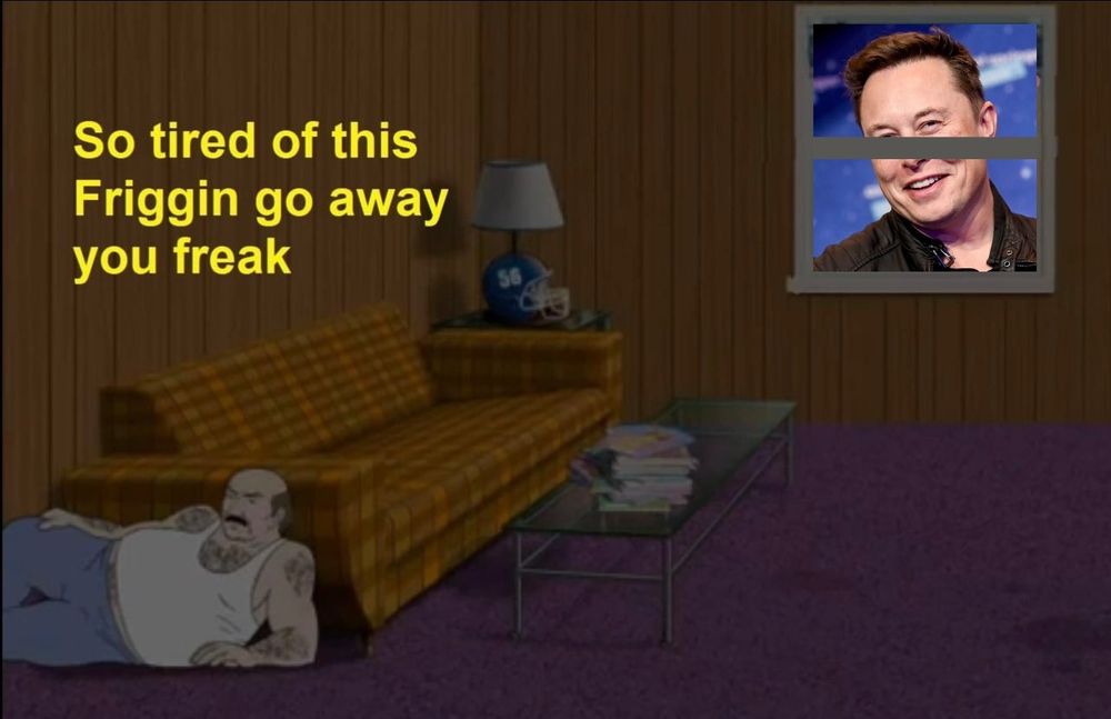 Carl from Aqua Teen Hunger Force hiding behind a couch from Elon Musk, caption "So tired of this, friggin go away you fresh"