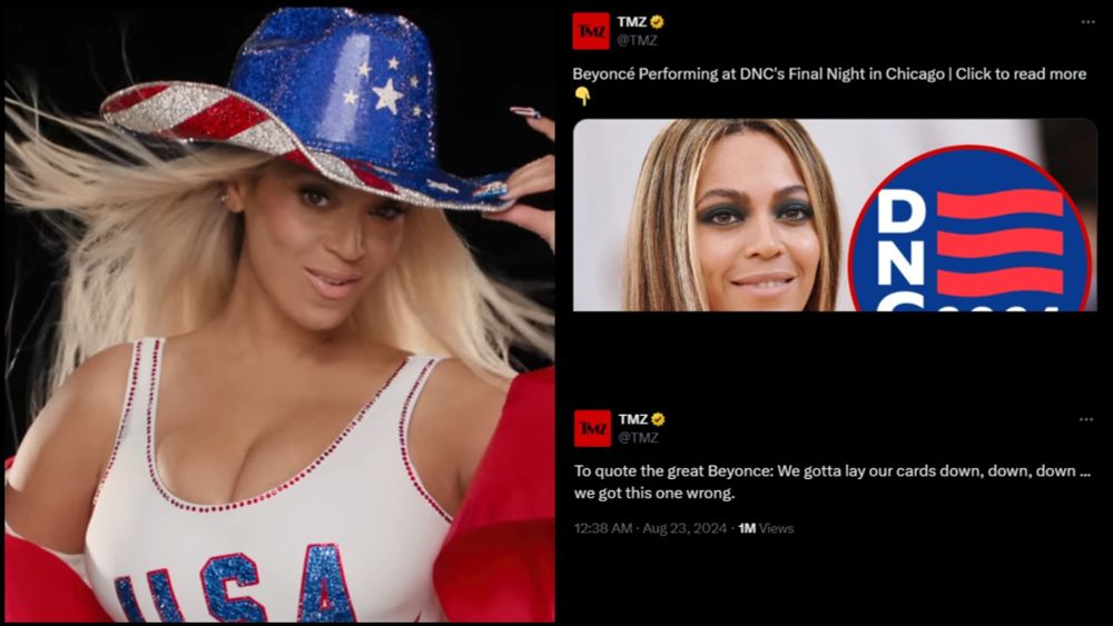 TMZ went exclusive with the news that Beyoncé was in Chicago on Thursday night to appear/perform at the DNC - and now it's quoting the singer as a way of owning up to getting it wrong. / #TMZ…