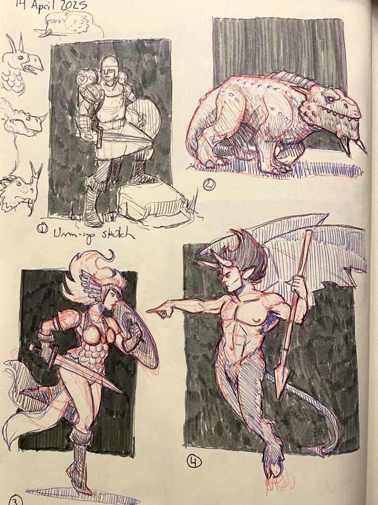 Image of a page from a sketchbook with four ballpoint pen drawings done in red, blue and black ink.