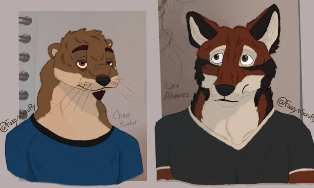 Left: Chase Hunter, a otter with a soul patch, wearing a blue shirt.
Right: Leo Alvarez, a red wolf; with red, black, and cream colored fur, wearing a dark grey v-neck.