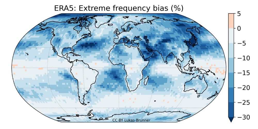 Figure showing a global map of extreme temperature bias.