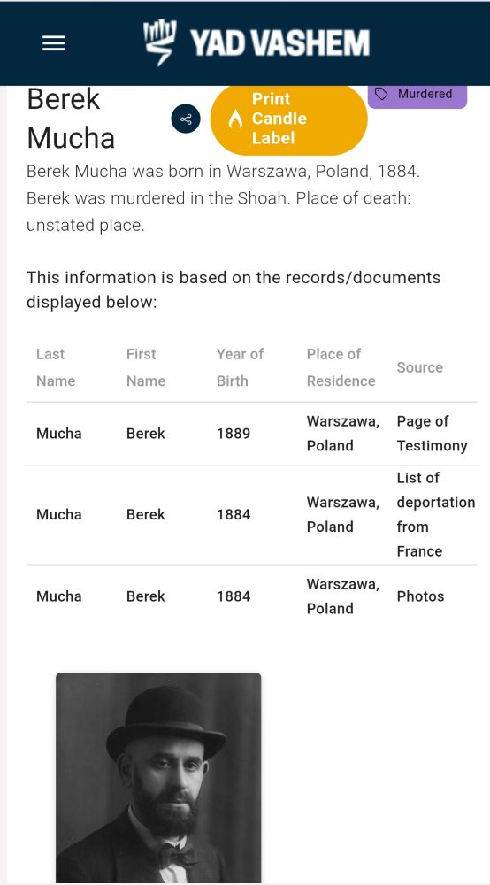 Record from Yad Vashem of Berek Mucha, showing his photo and information about his his birth in Warsaw in 1884 and deportation to Auschwitz 