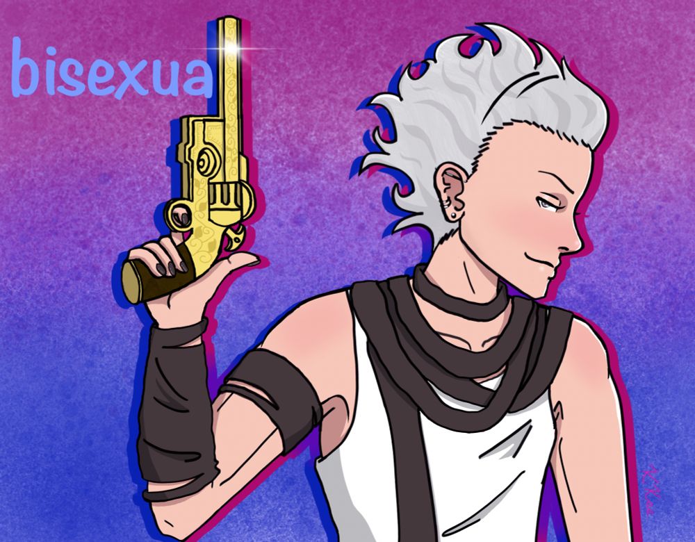 digital artwork of Santa from zero escape 999 holding a golden gun and looking at the viewer sideways with a smug look. Next to the gun it says “bisexua”, with the barrel of the gun serving as the “l”. The background is a spraypainted bisexual flag