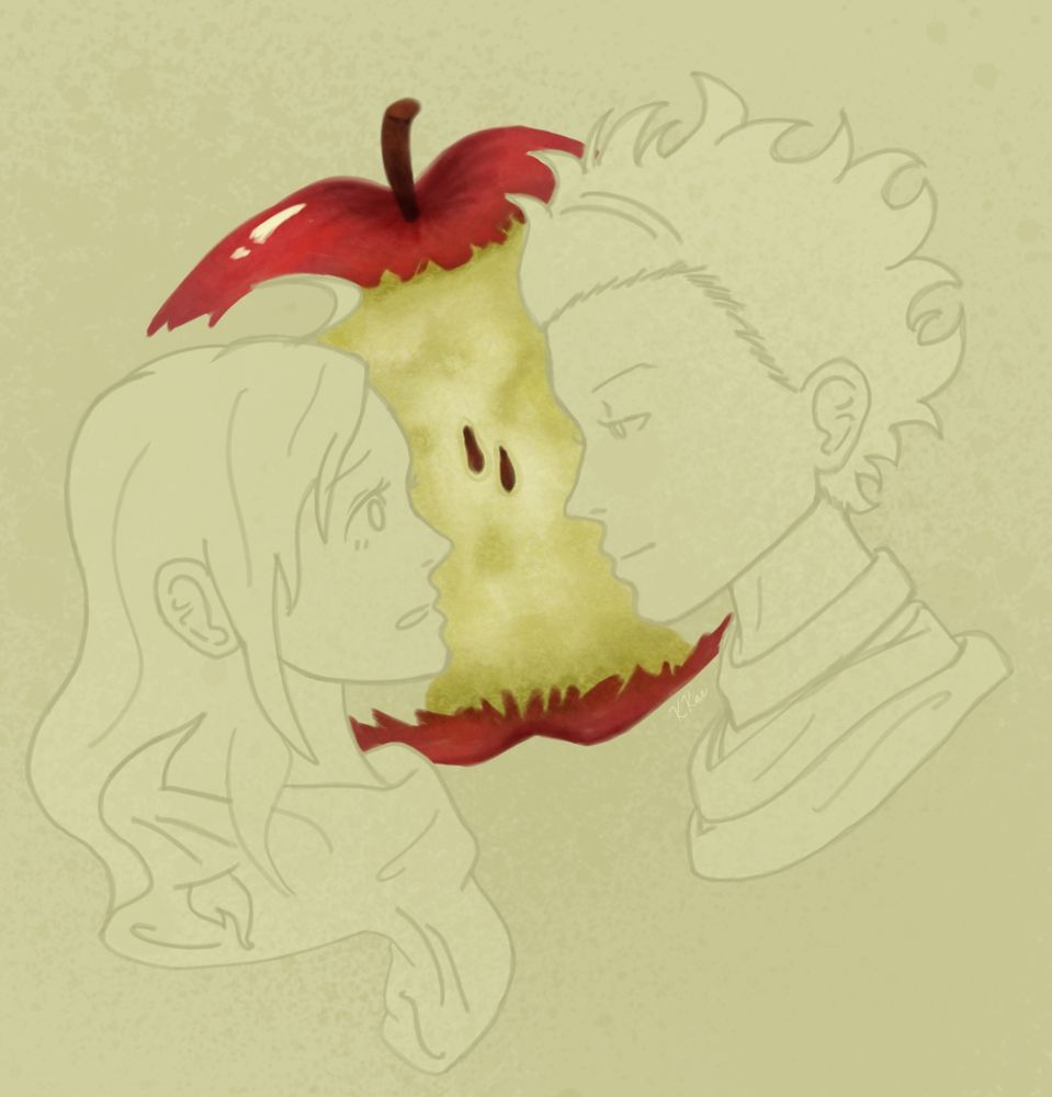 Profile low-opacity digital sketches of Aoi and Akane Kurashiki’s side profiles; between them is an apple shaded with a charcoal brush