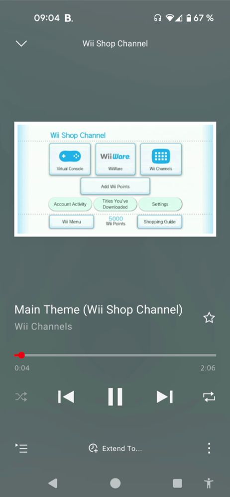 Screenshot of the new Nintendo Music App showing Wii shop channel main theme playing