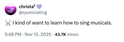 Screenshot of a tweet from @ryuminating translating a Jung Kook live; the tweet is a bunny emoji and then "I kind of want to learn how to sing musicals."