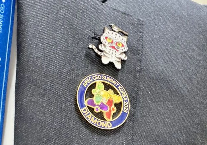 A closeup of the label of a gray suit, on which are pinned two enamel pins; one is a circular logo that says "APEC CEO Summit Korea 2025 Diamond" around the edge; the other is of the characters Derpy the Tiger and Sussie the Magpie from the movie Kpop Demon Hunters