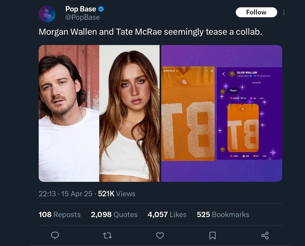 Screenshot of a pop base's tweet "morgan wallen and tate mcrae seemingly tease a collab" with pictures of a tate mcrae's Instagram story and "club wallen" teasing the collab 