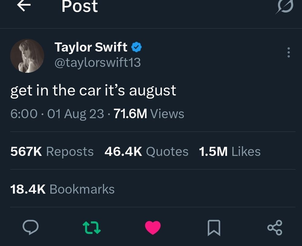 "Get in the car it's August" tweet from the verified Taylor swift account on twitter 