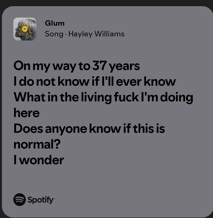 "On my way to 37 years
I do not know if I'll ever know
What in the living fuck I'm doing here
Does anyone know if this is normal?
I wonder"