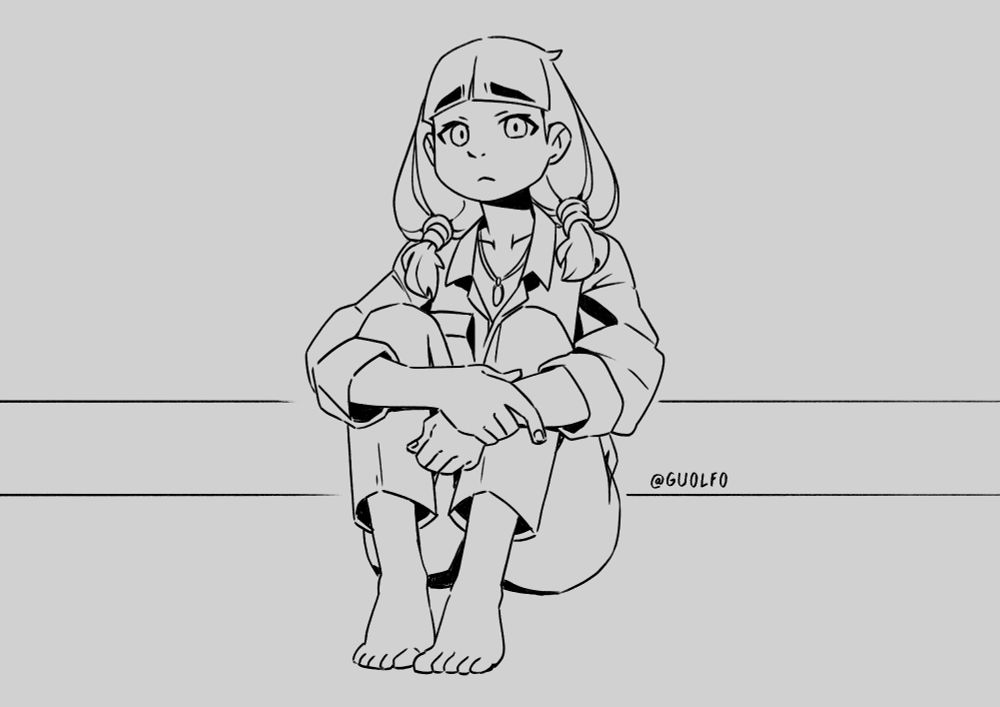 A black-and-white drawing of Laura, my OC. She sits curled up, hugging her legs, gazing at the viewer with a melancholic expression.