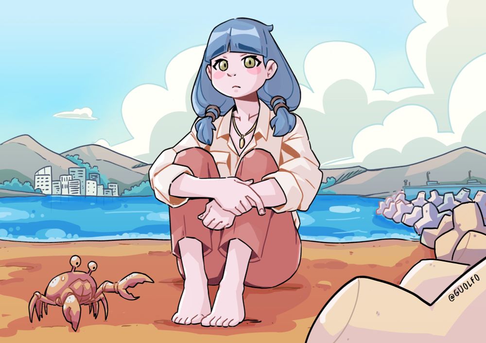 Laura, my OC, sit by the sea, watching the viewer with a sad expression. It’s morning, all is quiet and a little crab is coming to grab her toes.