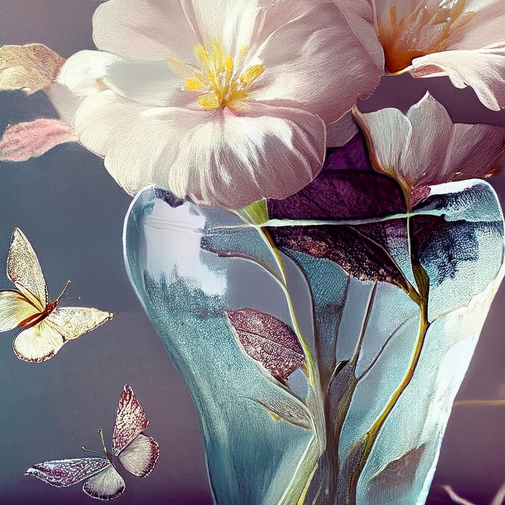An artful floral vase image with 
butterflies fluttering. Generative Ai art with Adobe Firefly ai.