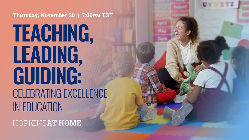 Promotional image for the School of Education featuring text 'Teaching, Leading, Guiding: Celebrating Excellence in Education' over a blurred background of an adult and children engaged in a classroom activity.