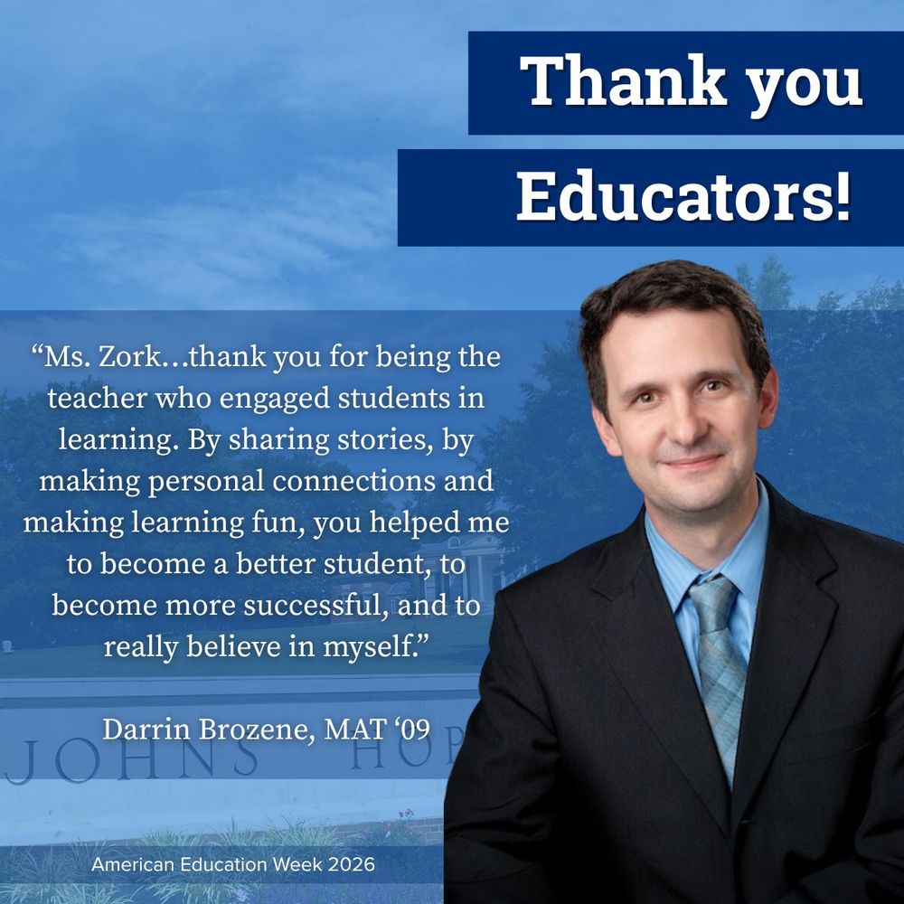 Promotional image for American Education Week 2026 featuring a person in a suit with a message expressing gratitude to educators, particularly Ms. Zork, for making learning engaging and fun.