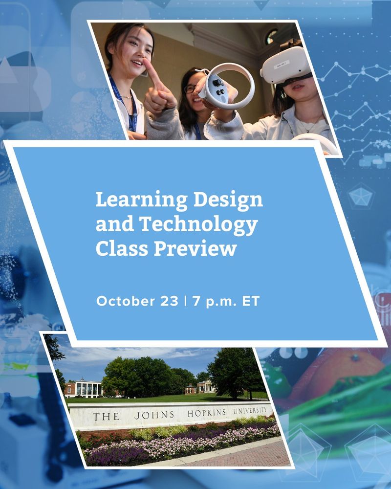 Promotional poster for a Learning and Technology Class Preview at The Johns Hopkins University on October 23 at 7 p.m. ET, featuring three individuals using virtual reality equipment.