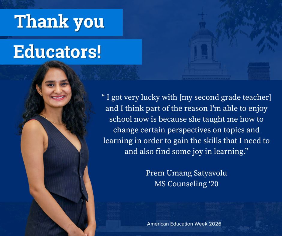 Promotional poster for American Education Week '20 featuring a smiling educator next to a quote about the positive impact of a mentor on their teaching career, titled 'Thank you Educators!'