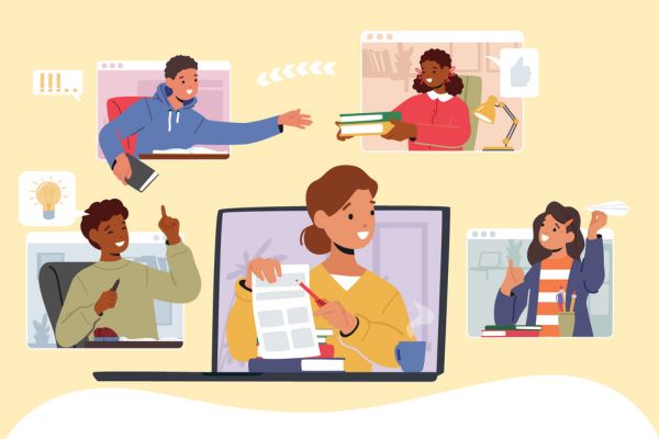 Illustration of five individuals engaged in a virtual meeting, each displayed in separate frames on a computer screen. They are interacting and sharing ideas using various digital devices.