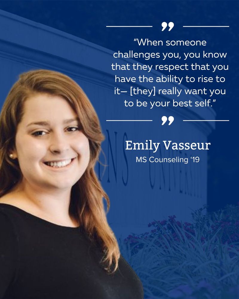 Promotional portrait of Emily Vassein '19 against a blue background with a quote about overcoming challenges.