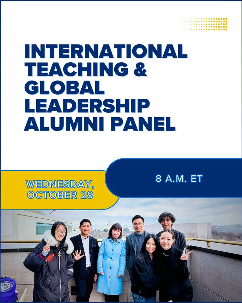 Promotional poster for an International Teaching & Global Leadership Alumni Panel event, featuring a group of seven diverse individuals smiling and posing on a rooftop, with event details specifying it to be held on Wednesday, October 29 at 8 A.M. ET.
