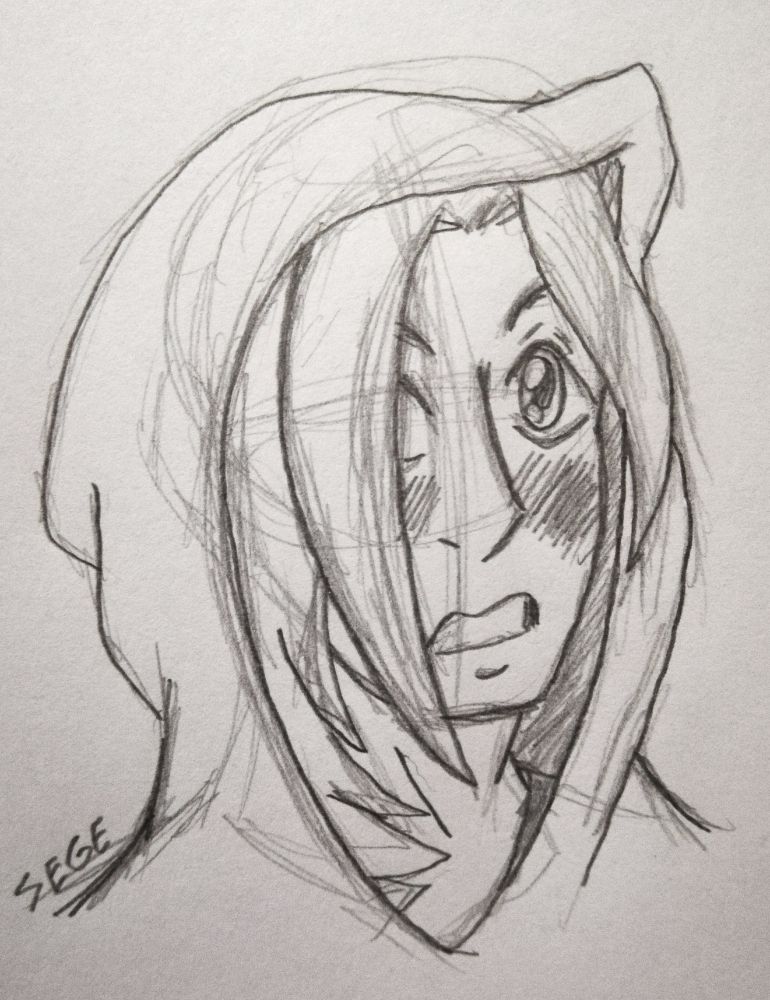 Traditional pencil headshot of a human OC. He has his hoodie up. He's blushing and staring at something in awe.