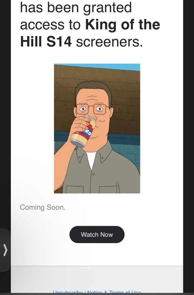 Screenshot of an email saying Josh has been granted access to screeners for the new season of King of the Hill
