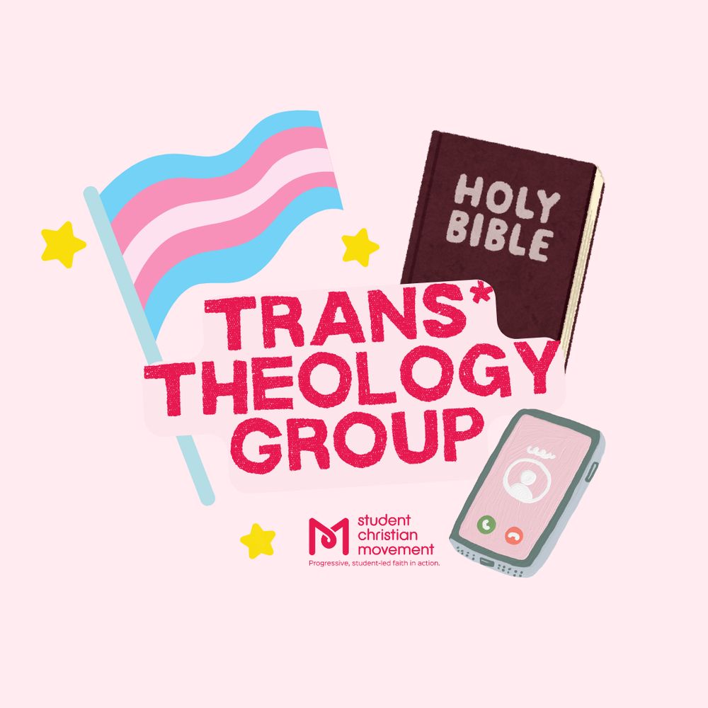Each page has a light pink background. In the centre of this page are illustrations of the transgender pride flag, the Bible, and a phone. In the centre of the images is written 'Trans* Theology Group'.