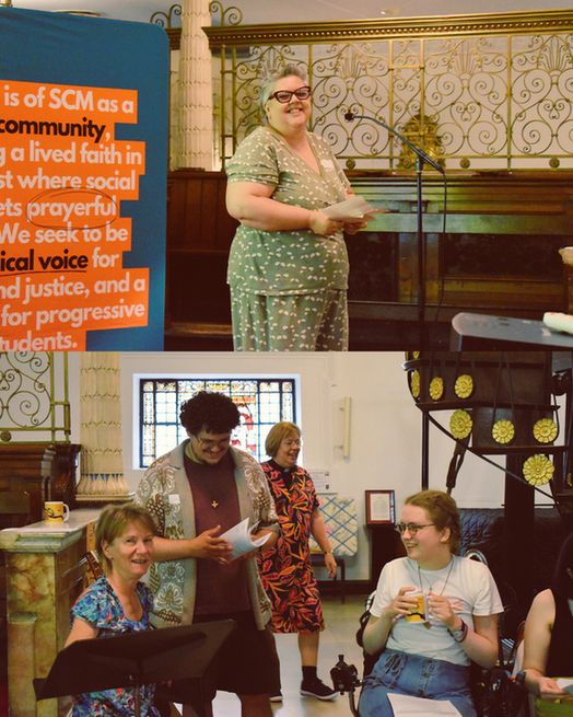 Two photos, the top of SCM CEO Naomi Nixon smiling as she stands at the microphone. The second is a photo of students and worship leader Jo sitting and chatting before worship.