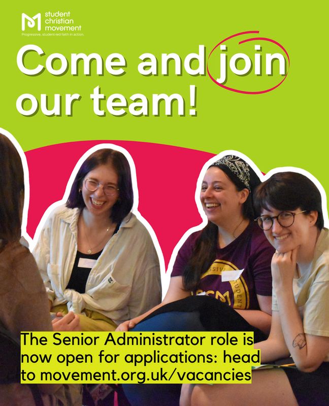 a photo of smiling SCM members at the National Gathering. 'Come and join our team!'