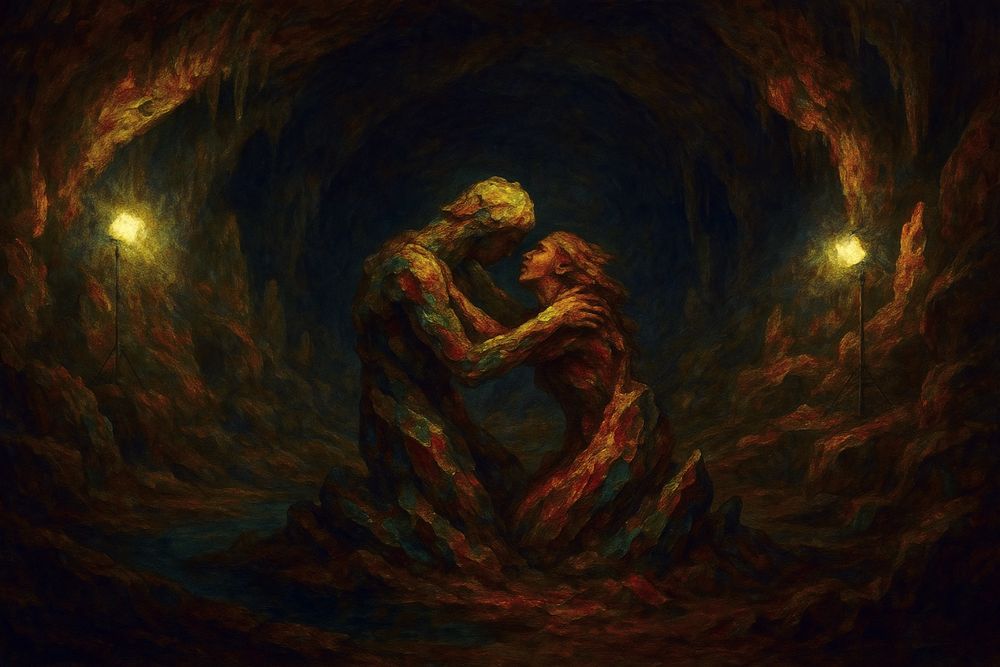 An AI-generated image of two stone figures embracing inside a dark cavern, softly illuminated by warm floodlights. The figures appear to be emerging from, or fading into, the stony floor. It’s a cinematic landscape composition.