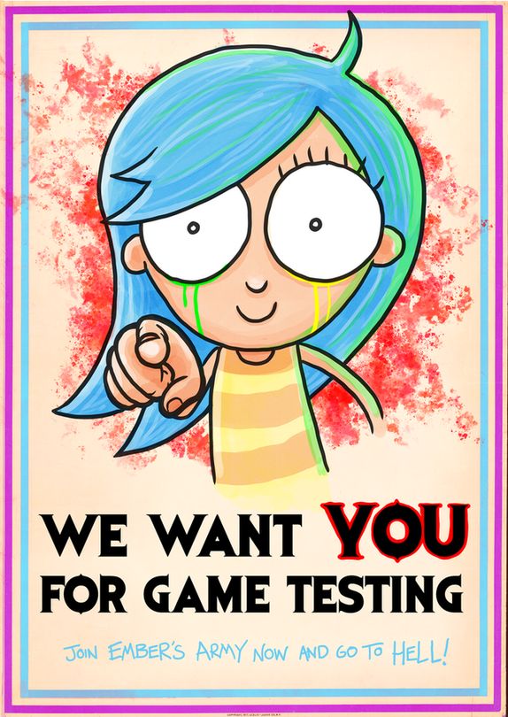 A poster of Ember pointing at the viewer with the phrase 'We want YOU for Game Testing'