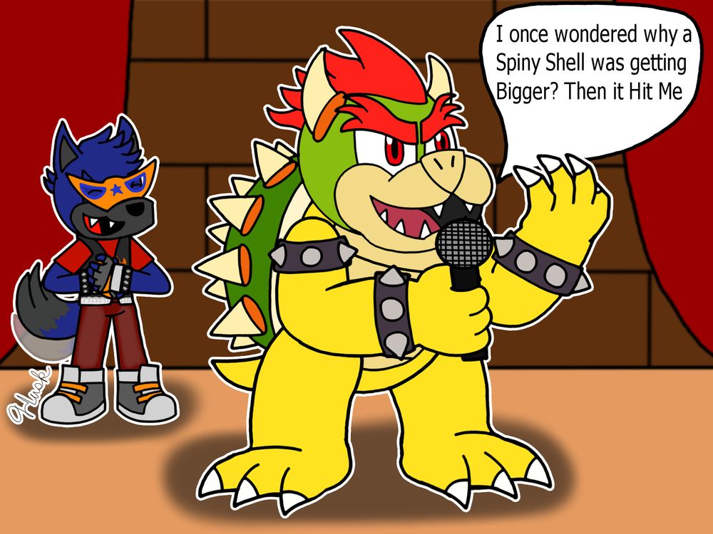 Bowser in on a stage in a comedy club holding a microphone while telling a joke about a spiny shell (blue shell). Husk is standing behind him laughing at his joke with much glee