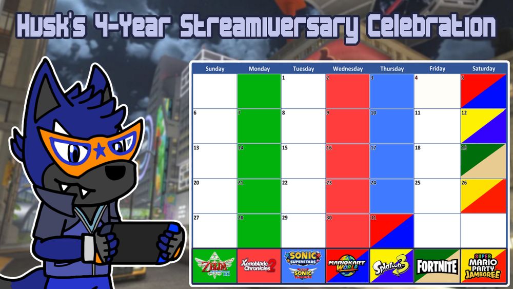The schedule for the 4-Year Streamiversary Celebration happening in July 2025. 

Mondays and Wednesdays are the current usual plans of Zelda: Skyward Sword and Xenoblade Chronicles 2. 

Thursdays, except for the last one, for our tradition of playing Sonic Games will be Sonic Superstars (a game I still haven't played yet oops). And since I doubt it'll carry all 4 weeks I have planned for this I'm throwing in Team Sonic Racing too (a game I wanna revisit before Cross Worlds comes out). 

And on Saturdays as well as the last Thursday of the month It'll include a lot of multiplayer games. Including Mario Kart World, Splatoon 3, Fortnite, and Mario Party Jamboree. So friends who wanna join in on any of that are welcome.