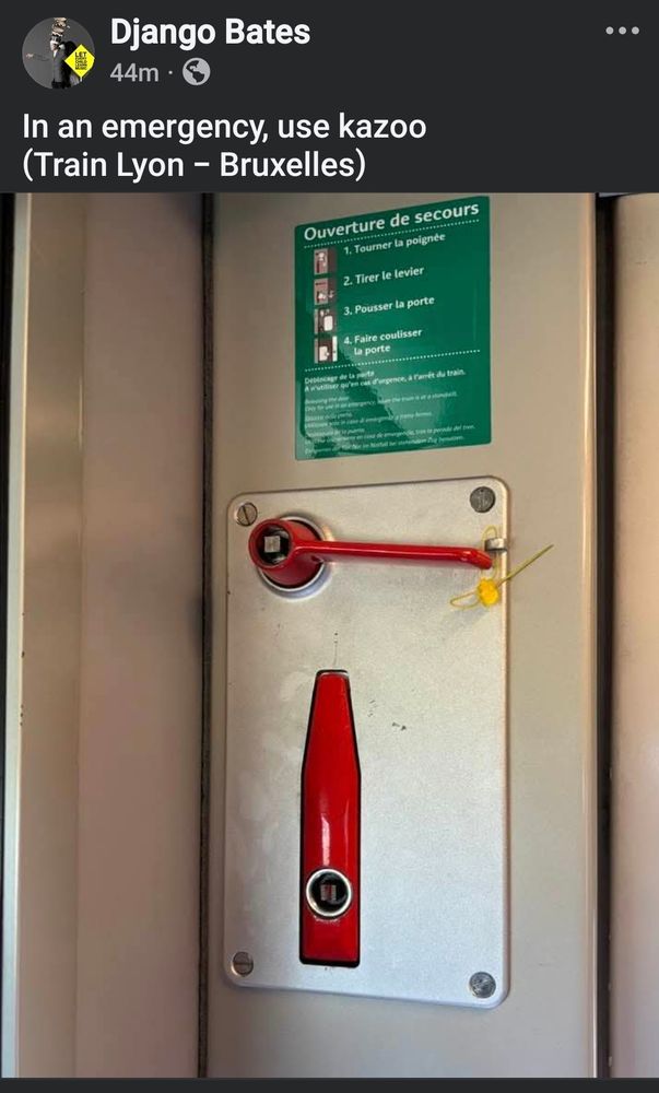 An emergency door handle lever thingy on a train travelling from Lyon to Brussels. The photo of it has been posted with 'in emergency, use kazoo' because the levier you're meant to tirer does look just like a kazoo, a bright red emergency kazoo stuck on the wall. 