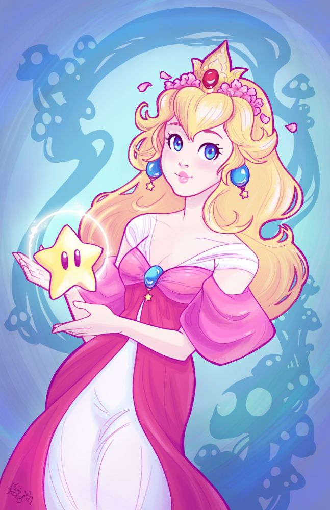 A pin up of Princess Peach in an art nouveau style, she holds a glowing star and has a serene smile on her face. 